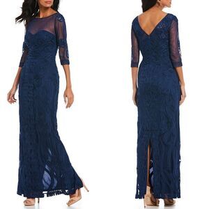 New! JS COLLECTIONS Women's Soutache Embroidered Blue Dress Illusion Neckline